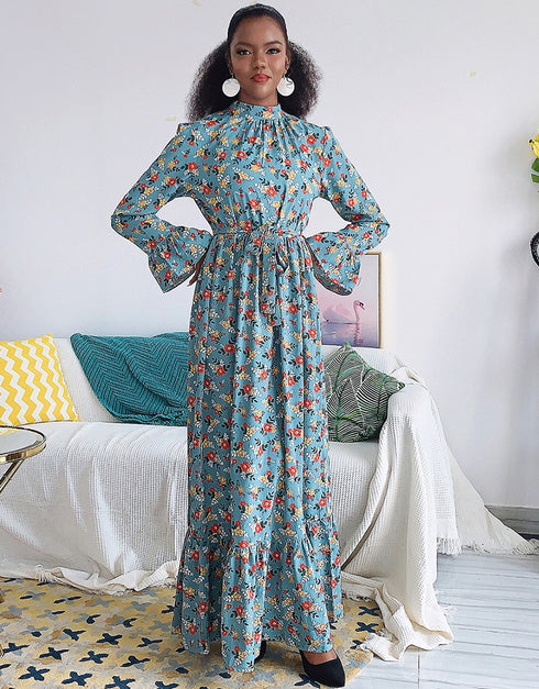 Flared Sleeve Abaya with Waist Tie Kaftan Dress